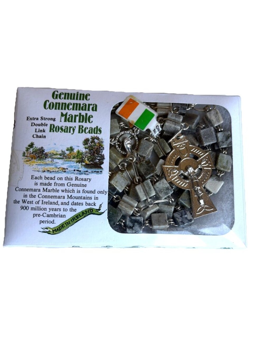 Vintage Irish Connemara Marble Rosary Stone Beads Celtic Crucifix New In Box